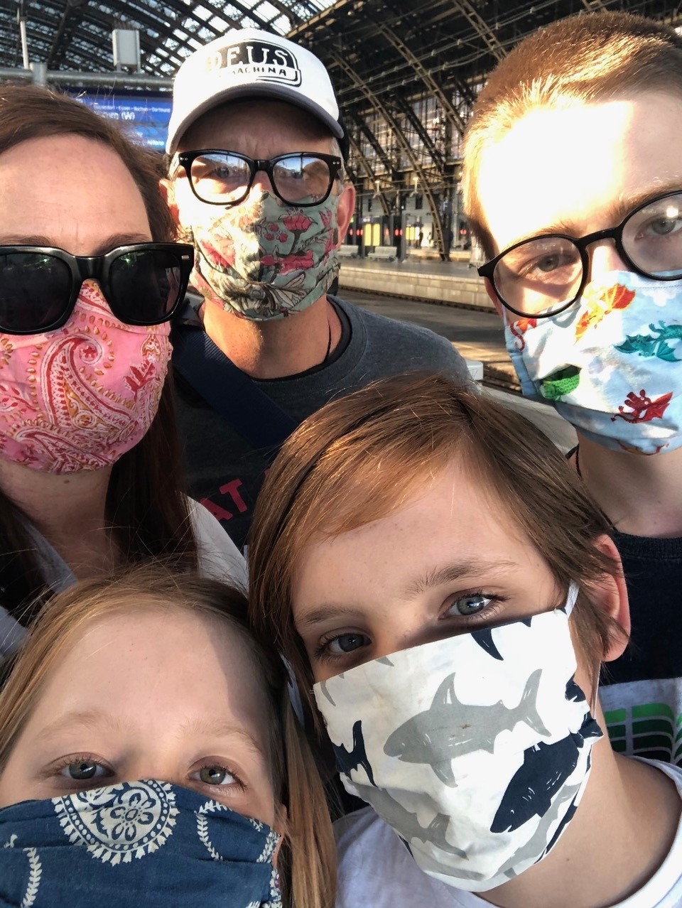 Nelson family mask at train station