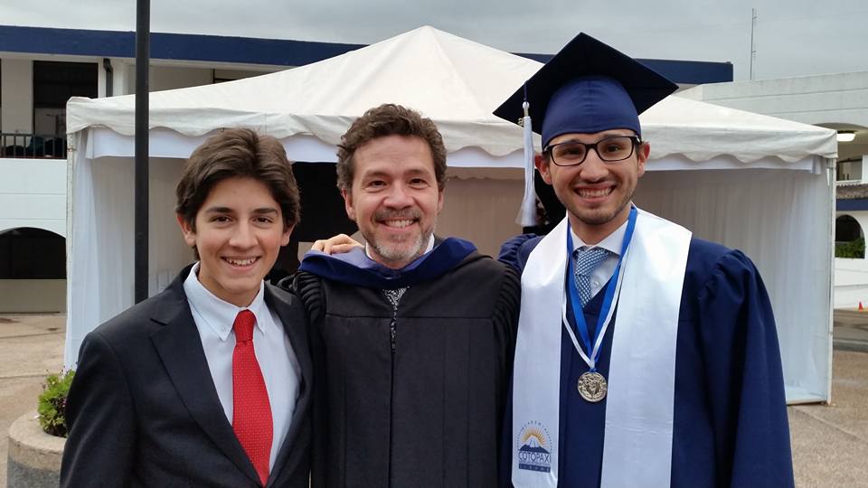 Trae celebrating with students at Academic Cotopaxi